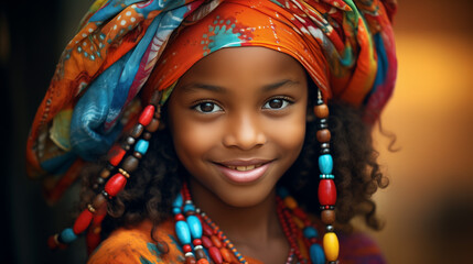 close-up portrait of a beautiful, cute  girl with colorful corals and red shawl