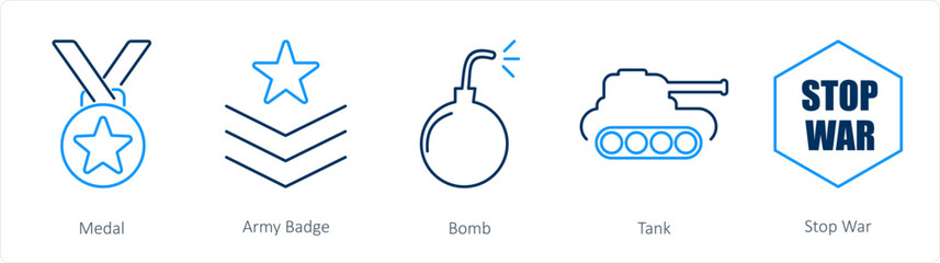 A set of 5 mix icons as medal, army badge, bomb