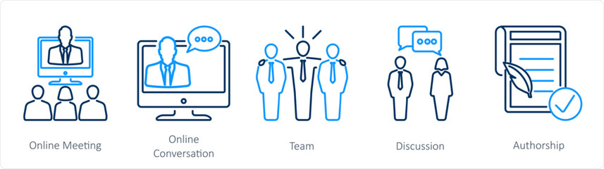 A set of 5 mix icons as online meeting, online conversation, team