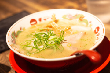 Top down view of a char siu (pork) ramen bowl with egg, Kyoto, Japan