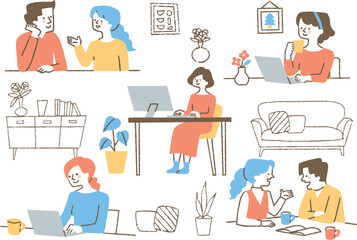 自宅で仕事をしている人たちのセット_色