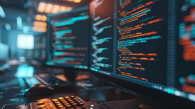 close-up shot of programming code blurred in bokeh style.  AI generative.
