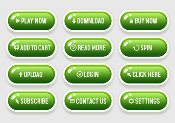 Green buttons for website. Set of vector 3D buttons isolated on black background.