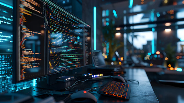 close-up shot of programming code blurred in bokeh style.  AI generative.
