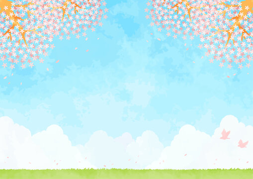 青空と桜と草原の風景イラスト