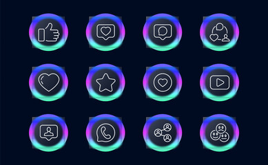Feedback set line icon. Like, favorites, video hosting, contacts, thumbs up, emoji, subscribers. Glassmorphism style. Vector line icon for business and advertising