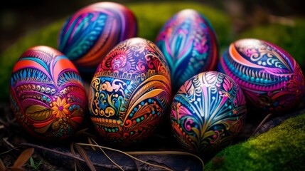 Fototapeta na wymiar Unusual colorful festive Easter eggs with beautiful drawings