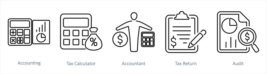 A set of 5 accounting icons as accounting, tax calculator, accountant