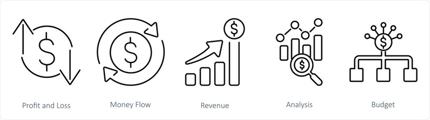 A set of 5 accounting icons as profit and loss, money flow, revenue