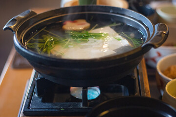 Yudofu, boiled tofu, bean curd hot pot, Japanese cuisine, Arashiyama, Kyoto, Japan