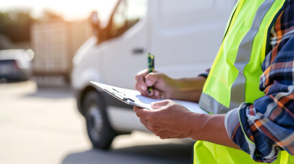 close-up of a person in a high-visibility vest writing on a clipboard