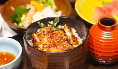 Top down view of grilled eel rice bowl or unadon