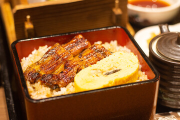 Top down view of grilled eel and Japanese Omelette rice bowl or unadon