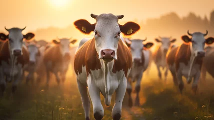 Fototapeten Cows in field, one cow looking at the camera during sunset in the evening © alexkich