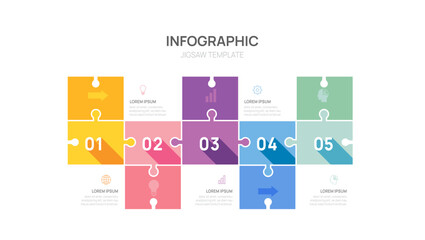 Infographic jigsaw 5 step template diagram for business. Modern Timeline digital marketing data, presentation vector infographics.