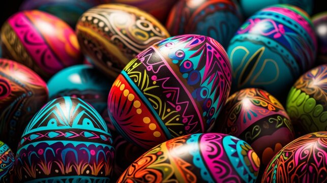Unusual colorful festive Easter eggs with beautiful drawings