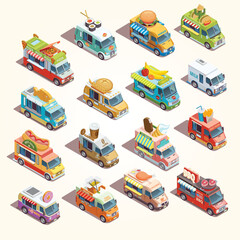 street food trucks isometric icons collection