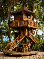 a tree house sitting on top of a sandy beach, pine treehouse, beachwood treehouse, lookout tower, tree house, bamboo huts
