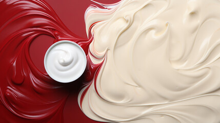 Jar of face cream on red background, flat lay. Space for text