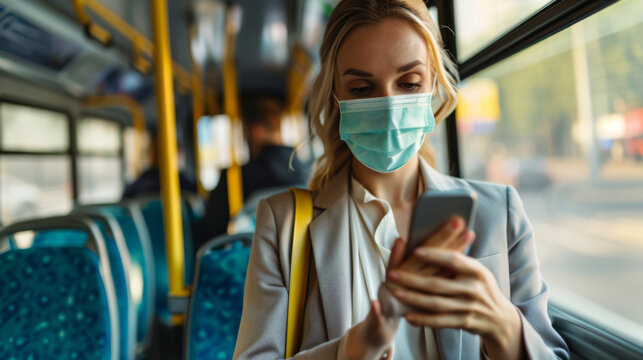 Woman Is Seen Sitting On A Bus, Wearing A Surgical Mask And Looking Down At Her Smartphone, With A Cityscape Visible Through The Window Behind Her