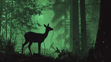 A solitary deer stands in silhouette against the backdrop of an enchanting green forest bathed in mystical light.