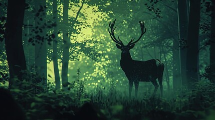 A noble stag stands with poise in a glade, its silhouette set against the ethereal green light filtering through a mystical forest canopy.