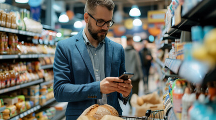 man in a blue blazer and glasses is using his smartphone while shopping in a grocery store - obrazy, fototapety, plakaty