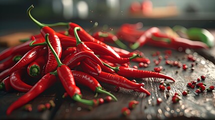 Lush red chili peppers scattered on a rustic wooden surface, highlighted by soft sunlight, showcasing the beauty of fresh produce and spices.