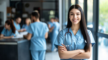 female nurse in blue scrubs with a stethoscope