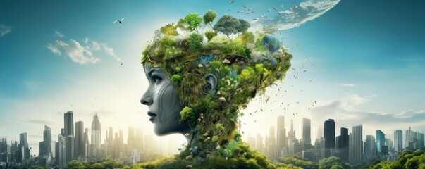 Conceptual sdgs image that blends elements of city life, nature, and environmental sustainability into the human face. Sustainable environmental in urban living. - obrazy, fototapety, plakaty