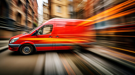 Delivery van delivers fast in a city - 722788781