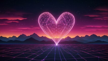 Heart shape with Synthwave wireframe net illustration. Abstract digital background. 80s, 90s Retro futurism, Retro wave cyber grid. Landscape mountain surfaces. Neon lights glowing - obrazy, fototapety, plakaty