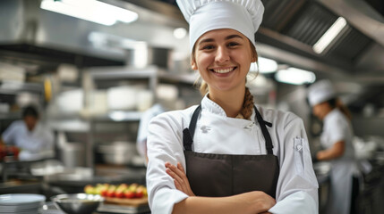 smiling woman dressed in a chef's uniform with a white hat and apron stands confidently in a professional kitchen