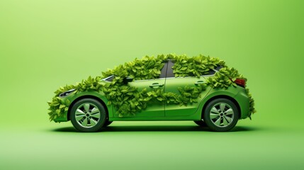 Isolated car formed by green leaves and branches on a green background. Car ecology concept