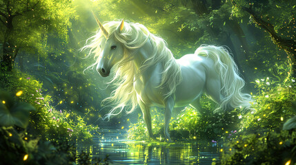 majestic white unicorn with a flowing mane stands by a forest pond, surrounded by fireflies and soft sunlight filtering through trees