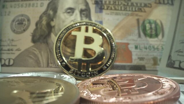 Halving Crypto currency, bitcoin. BTC, Bit Coin. Blockchain technology, bitcoin mining. Macro shot of rotating bitcoins