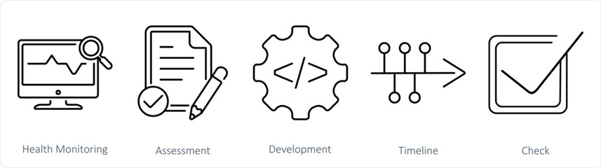 A set of 5 Action plan icons as health monitoring, assessment, development