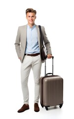 smart young man with suitcase isolated on white background