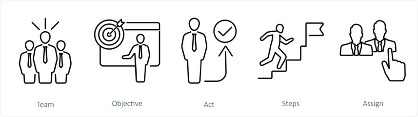 A set of 5 Action plan icons as team, objective, act