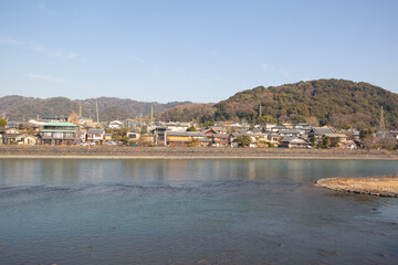 Fototapeta na wymiar Winter landscape at the riverside of Uji Kawa, Kyoto, Japan