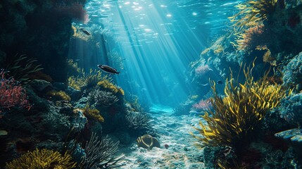 Fototapeta na wymiar Dive into the depths of a super realistic underwater world, where perfect lighting reveals the mysteries of the ocean's beauty.