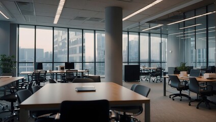 Modern business office without people with blurred bokeh background - obrazy, fototapety, plakaty