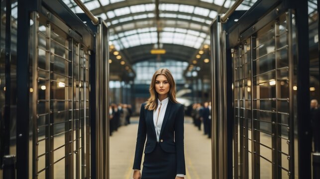 A Young Businesswoman Passing Through the Gate at a Train Station, Embarking on her Journey
