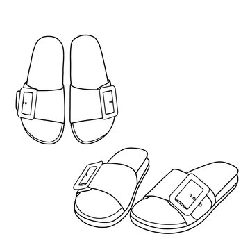 Flat sandal with buckles. Outline vector doodle illustration, front, side, and top view, isolated with a white background.
