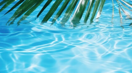 Fototapeta na wymiar Tranquil Water Background with Blue Textured Ripples, Sunlit Surface, and Delicate Shadows of Transparent Palm Leaves