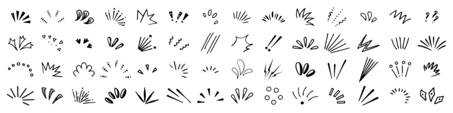 Idea and exclamation symbol, Explosion signs, Doodle radial line rays manga comic expression elements. design elements