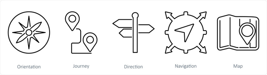 A set of 5 Adventure icons as orientation, journey, direction