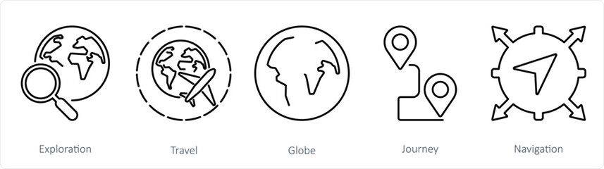 A set of 5 Adventure icons as exploration, travel, globe