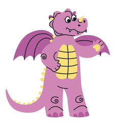 Standing cute dragon. Fairytale character in doodle style.