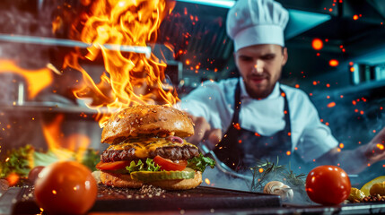 Enjoy a Flame-Grilled Burger, Fresh Toppings, and a Sizzling Setting - obrazy, fototapety, plakaty